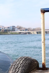 Boat on the River. Blue sky. Background.