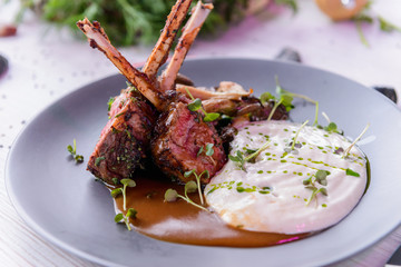 Beautiful served food on plate, meat with natural vegetables