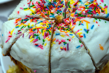 Festive cake, painted eggs on the table for Easter