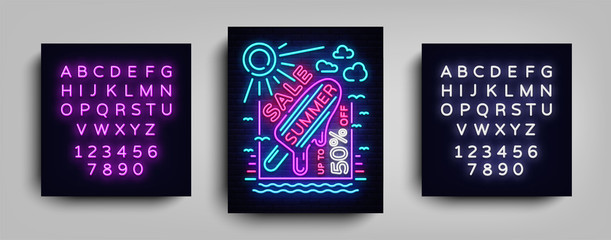 Summer sale neon sign. Design template typography poster Summer Sales, Ice Cream Neon, Fashion, Summer Discount, Neon Brochure, Light Banner, Advertising. Vector illustration. Editing text neon sign