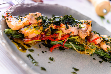 Beautiful served food on plate, meat with natural vegetables