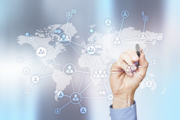 Social network and global recruitment, outsourcing and HR. Virtual screen with world map and peoples icons.