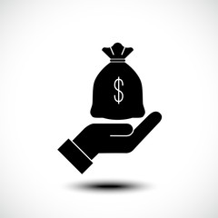 Hand with money bag. Flat style. Vector illustration