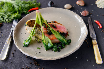 Beautiful served food on plate, meat with natural vegetables