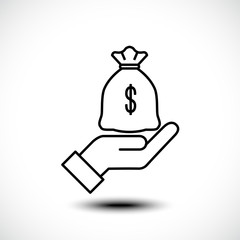 Hand with money bag. Flat style. Vector illustration
