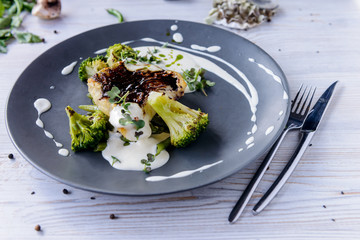 Beautiful served food on plate, meat with natural vegetables