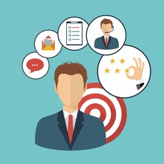 Male presenting customer relationship management. System for managing interactions with current and future customers. Flat vector illustration.