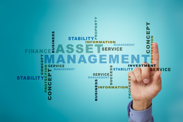 Asset management on the virtual screen. Business concept. Words cloud.