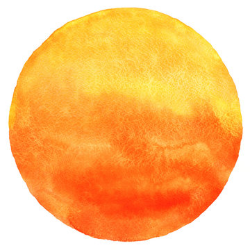 Watercolor sun isolated on white background. Sunset or rising sun illustration. Fire, tropical, flame colors round shape with watercolour stains. Orange, red and yellow circle with uneven edges.