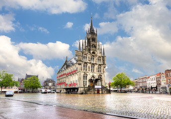 Gouda Town Hall on market square, Netherlands - obrazy, fototapety, plakaty