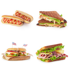 Junk fast food collage of burgers, sandwiches and hot-dogs isolated on white background