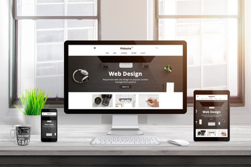Modern responsive flat web site design presentation on computer, tablet and smart phone display....