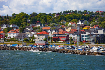 Fototapeta premium Sailboat marina with many moored sail yachts in Moss, Norway.