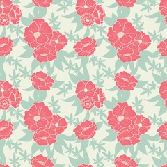 Floral seamless pattern with beautiful flowers on mint background, vector illustration