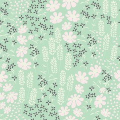 Floral seamless pattern with beautiful flowers on mint background, vector illustration