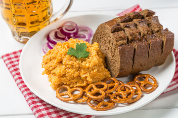 Traditional Bavarian beer snack obatzda Camembert cheese, onion, butter, and paprika