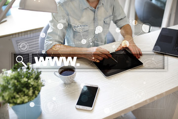 Search bar with www text. Web site, URL. Digital marketing. Business, internet and technology...