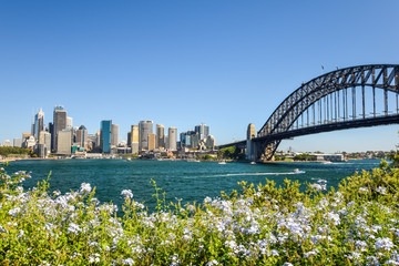 Stunning wide angle city skyline view of the Sydney CBD harbour area at Circular Quay with the...