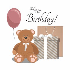  Birthday illustration with teddy bear, balloon, gift and cake