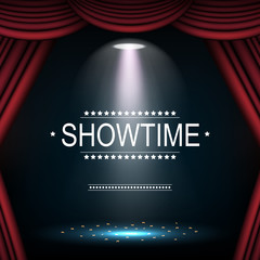 Showtime background with curtain illuminated by spotlights - obrazy, fototapety, plakaty
