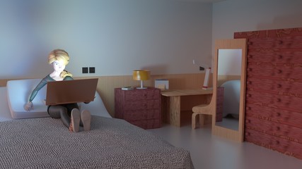 drawing of a bedroom with a young girl on a bed, who reading a book