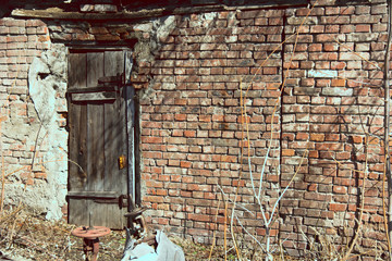 Background brick wall and old wooden door