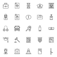 Justice and law outline icons set. linear style symbols collection, line signs pack. vector graphics. Set includes icons as law book, hourglass, police hat, prison, lawyer, oath, statement, judge