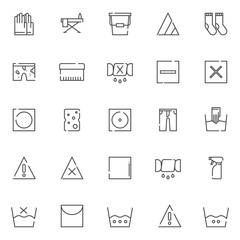 Laundry elements outline icons set. linear style symbols collection, line signs pack. vector graphics. Set includes icons as gloves, ironing board, bucket, bleach, socks, dirty shorts, washing brush