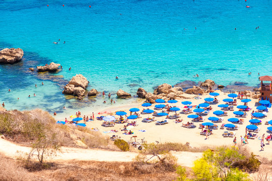 Fototapeta View of Konnos Bay beach near Protaras, Ayia Napa. Famagusta District, Cyprus