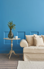 living room blue wall background and armchair corner room concept.