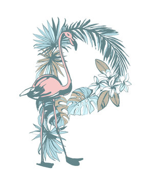 Summer pattern hand drawn letter P palm leaves, flowers, birds.