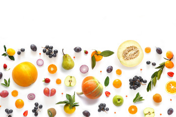 Various vegetables and fruits isolated on white background, top view, flat layout. Concept of healthy eating, food background. Frame of vegetables with space for text.