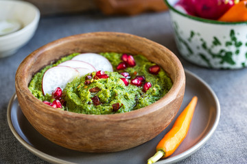 Spinach Hummus with Pomegranate and Herb Olive oil 