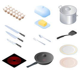 Flat isometric illustration of kitchen utensils, kitchenware, cookware set. The cooking equipment, cuisine accessories, crockery, foodstuffs, ingredients vector elements isolated on white background.