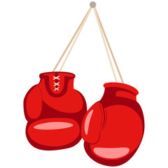 Hanging red boxing gloves. Vector cartoon flat icon isolated on white background.