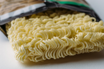Dry instant noodle in plastic bag, unhealthy asian cheap fast food