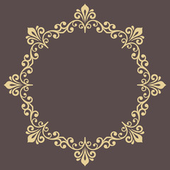 Oriental vector round frame with arabesques and floral elements. Floral golden border with vintage pattern. Greeting card with place for text