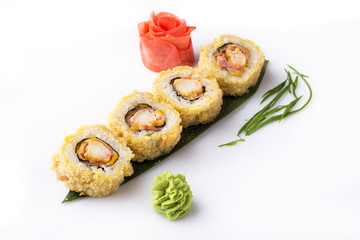 Delicious fresh hot fried Sushi Roll with bacon and cheese. Sushi menu. Japanese food. Sushi rolls isolated on white background.