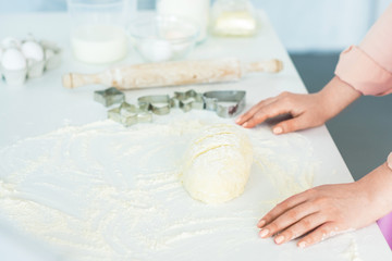 cropped image of woman standing near dough for baking bread in kitchen