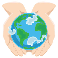 Earth day, happy planet surrounded by clouds in hands of man, globe on open palms, ecology world concept, green and blue globe protection, global eco save nature vector illustration isolated on white