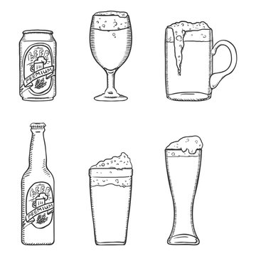 Vector Sketch Set of Beer Glasses, Bottle and Can.