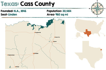 Detailed map of Cass county in Texas, USA.
