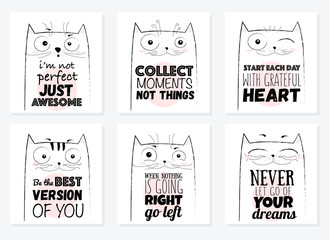 Vector cartoon sketch funny cat illustration with cute lettering phrase