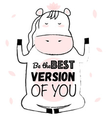 Vector cartoon sketch meditative horse illustration with motivation lettering phrase