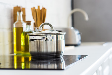 pan with lid on electric stove in kitchen
