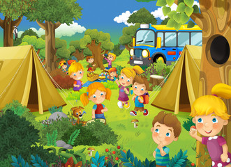 cartoon scene with children on school trip in the forest - illustration for children