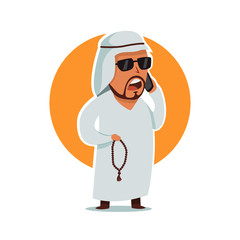 Arab man businessman in sunglasses. Vector cartoon character male with muslim chaplet in traditional clothes. Illustration for business isolated on white background.