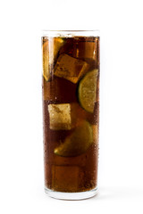 Cuba libre. Cocktail with rum, lime and ice isolated on white background.