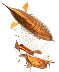 Golden Fantasy Airship Zeppelin Dirigible Balloon 3D illustration isolated on white