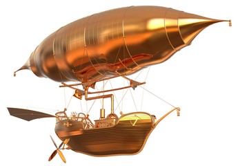Naklejka premium Golden Fantasy Airship Zeppelin Dirigible Balloon 3D illustration isolated on white
